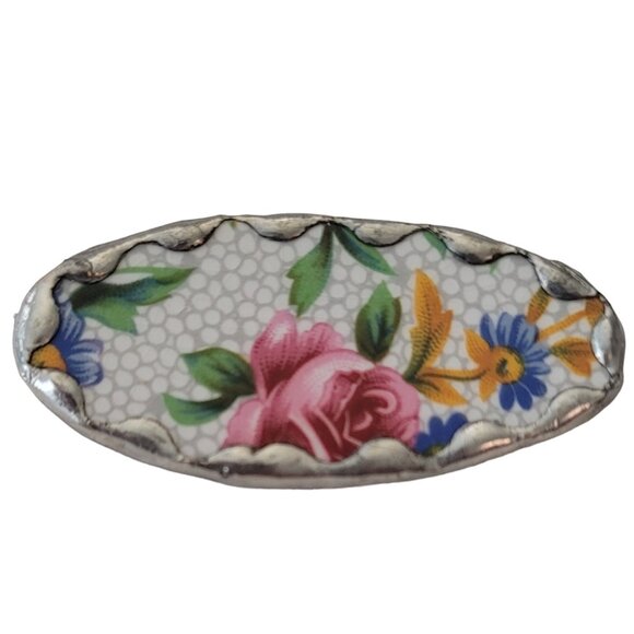 Rose Leaves Pottery Shard Oval Brooch Pin E651 - Picture 1 of 8